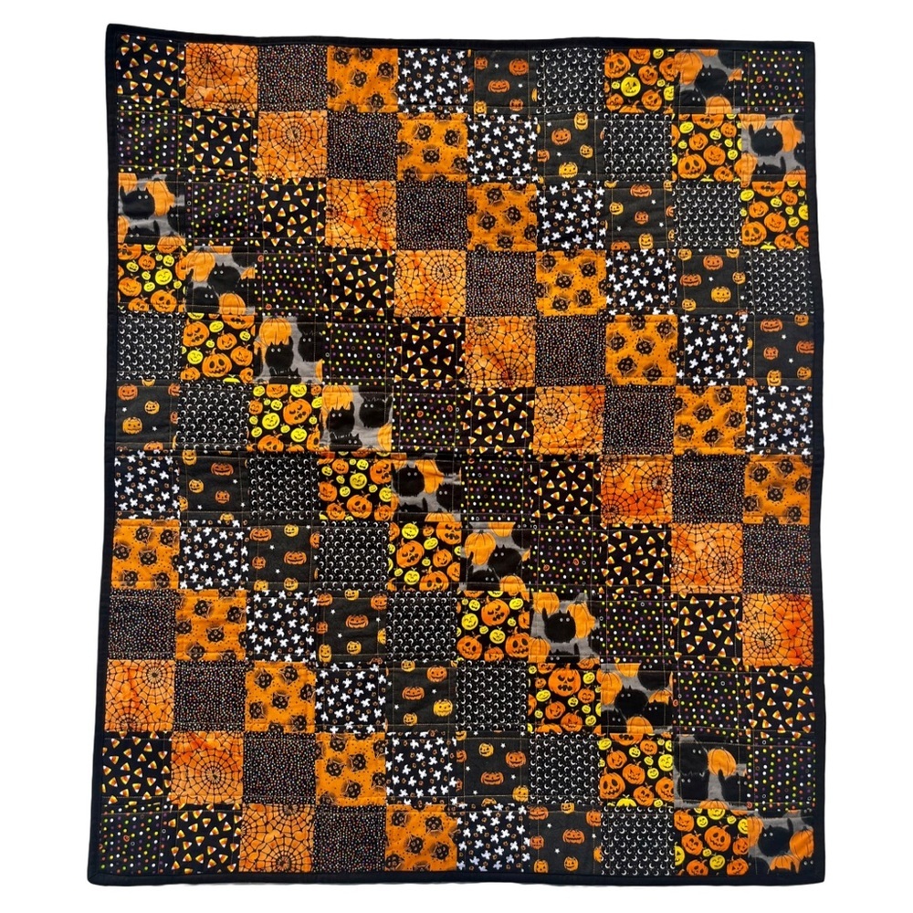 Cat Pumpkin Quilt Lap Blanket Halloween Cute Spooky 100% Cotton 42x36 - Picture 5 of 8